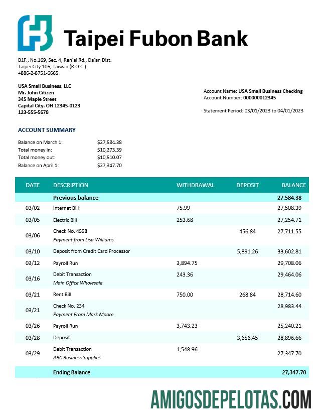 Realista Taipai Fubon Bank Extrato de conta corrente corporativa modelo Word e PDF